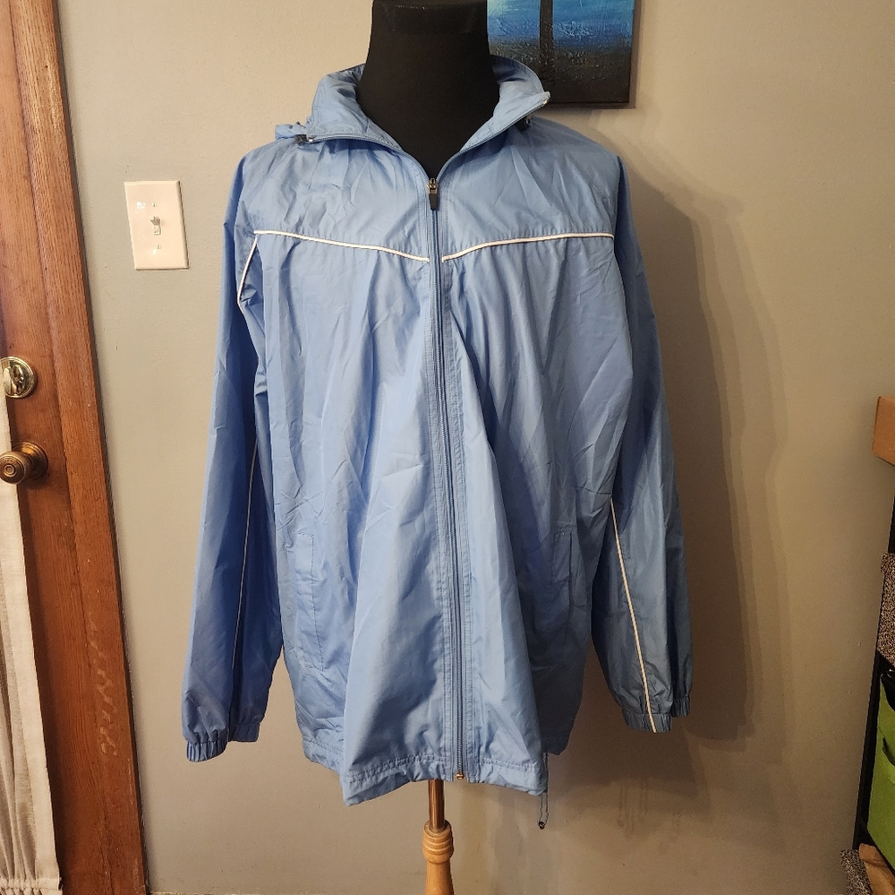 Foot Locker Mens Size XL Windbreaker Packable Hood Full Zip Jacket Light Blue